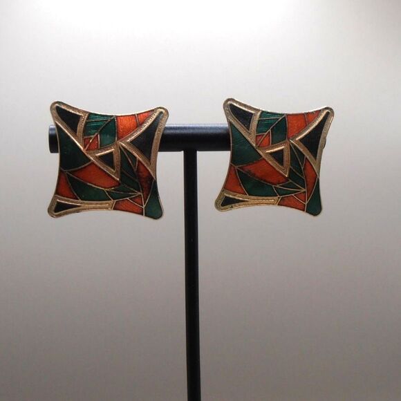 VTG Cloisonné Enamel Post Earrings – Abstract Geometric Mosaic – Bold 80s Style - Picture 1 of 4